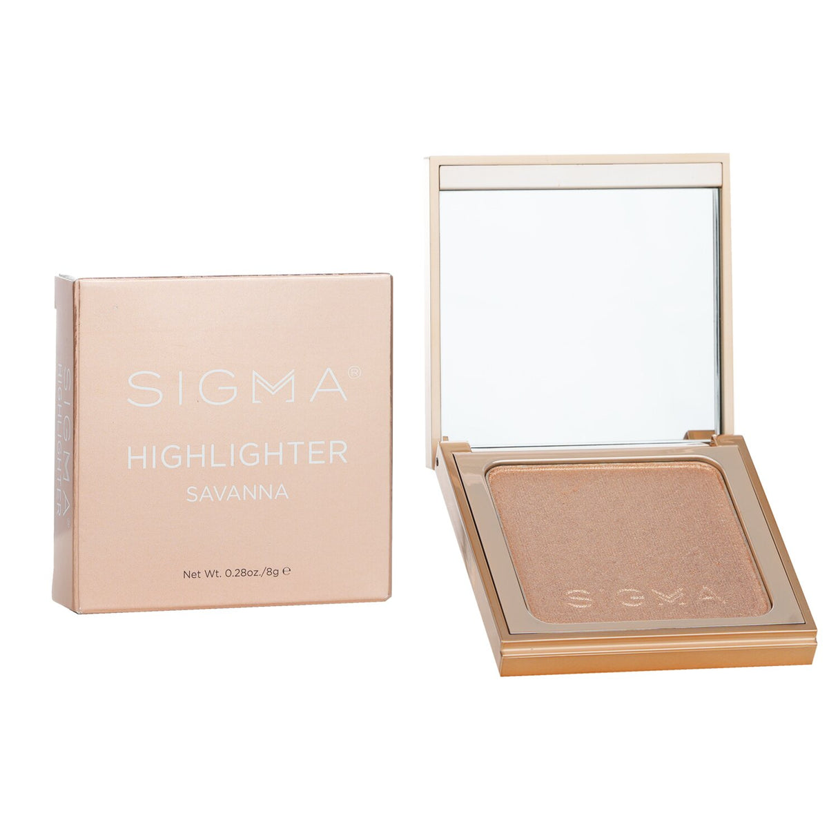 Pressed powder highlighter in Savanna, offering a natural glow with buildable coverage in a sleek mirrored compact.