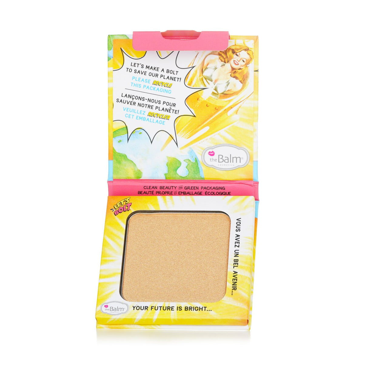 Ultra-soft gold highlighter from TheBalm, buildable radiance without glitter, suitable for all skin types.