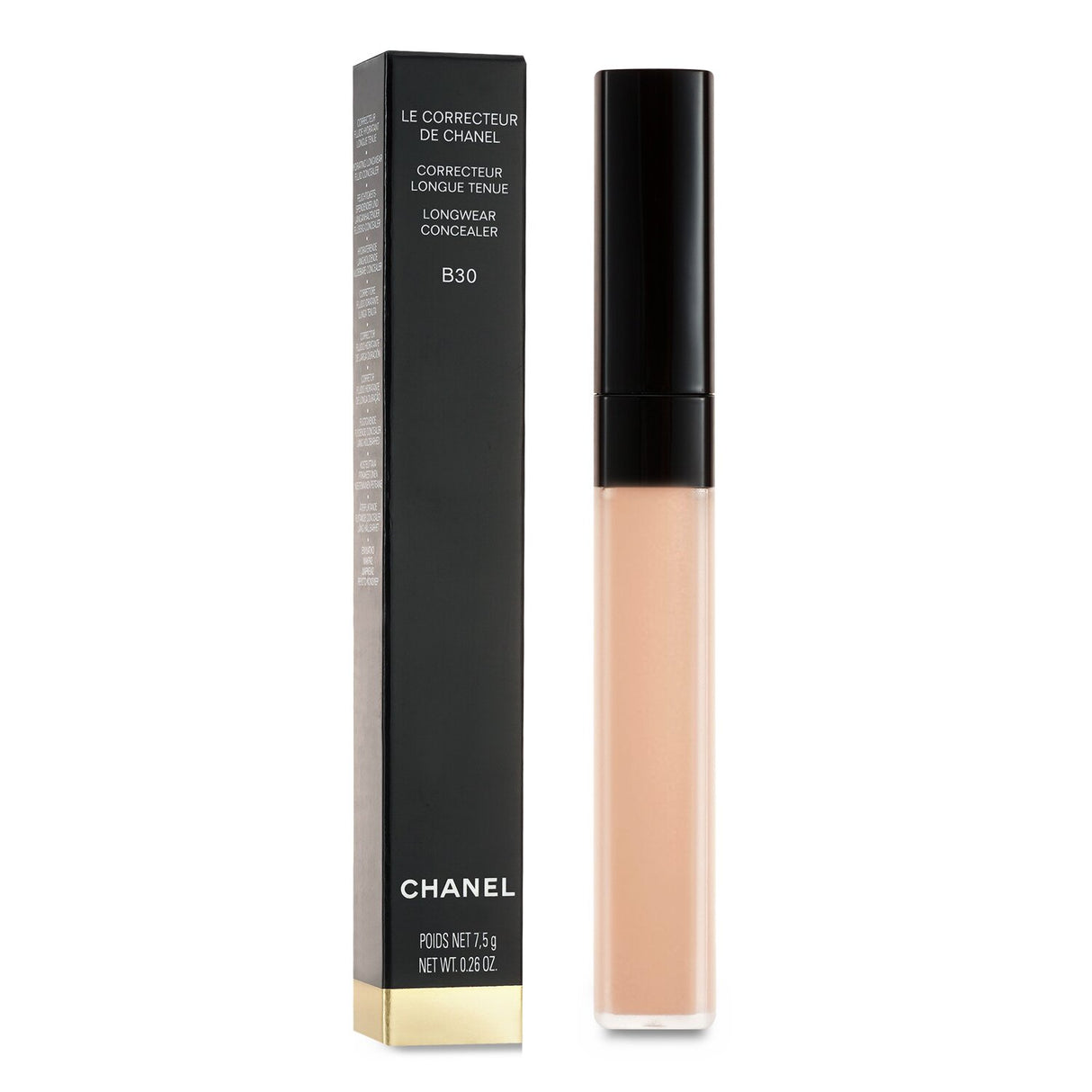 Chanel Longwear Concealer #B30 in 7.5g, offering buildable coverage, brightening dark circles with a creamy, radiant finish.