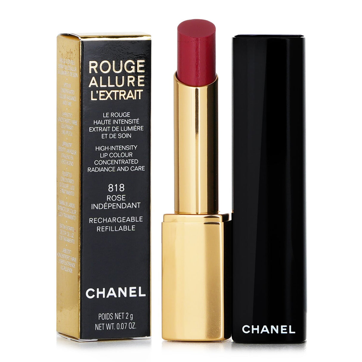 Chanel Rouge Allure L'extrait Lipstick #818 Rose Independent in a sleek click case, offering high-intensity color and hydration.