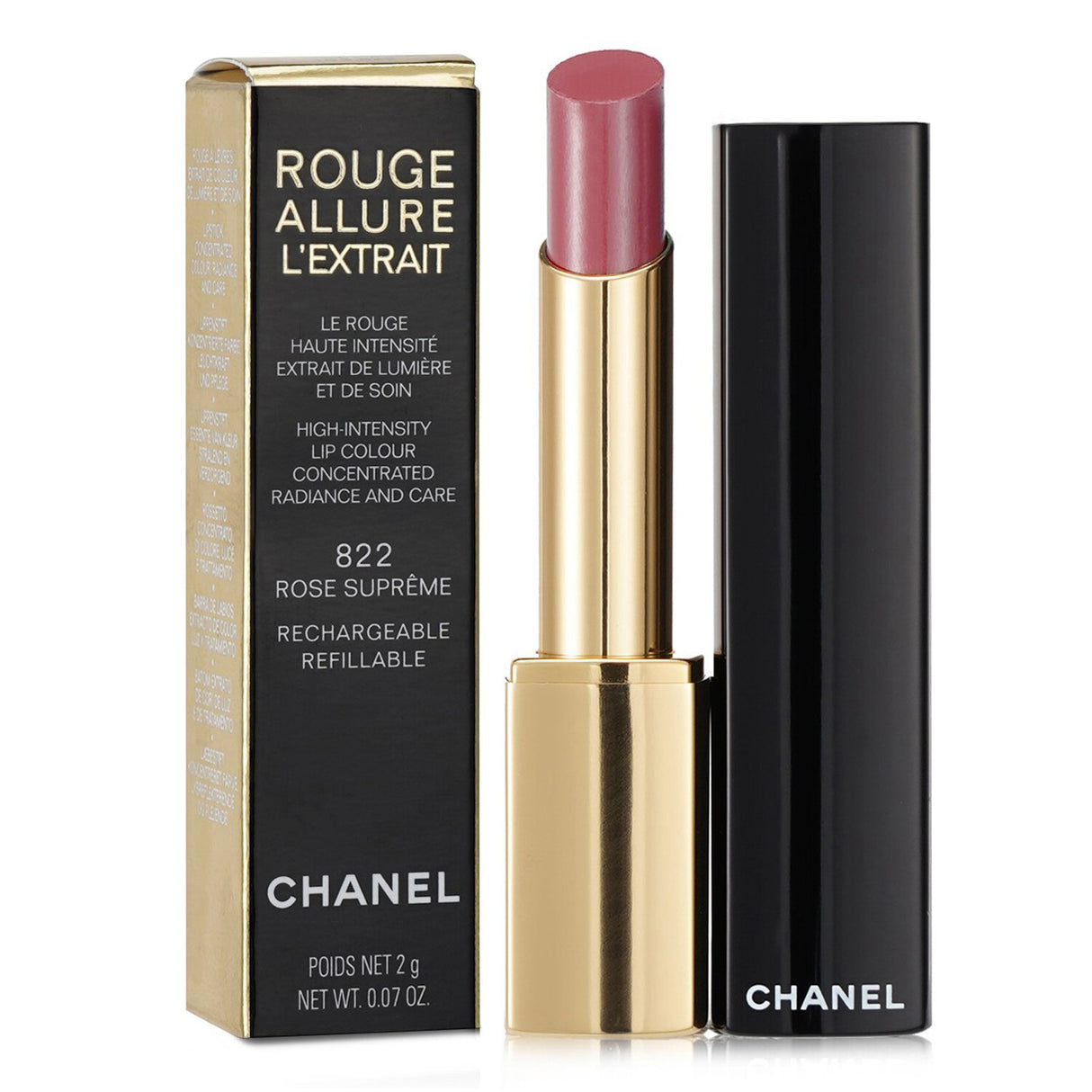 Chanel Rouge Allure L’extrait Lipstick #822 Rose Supreme in sleek case, offers long-lasting hydration and luminous color.