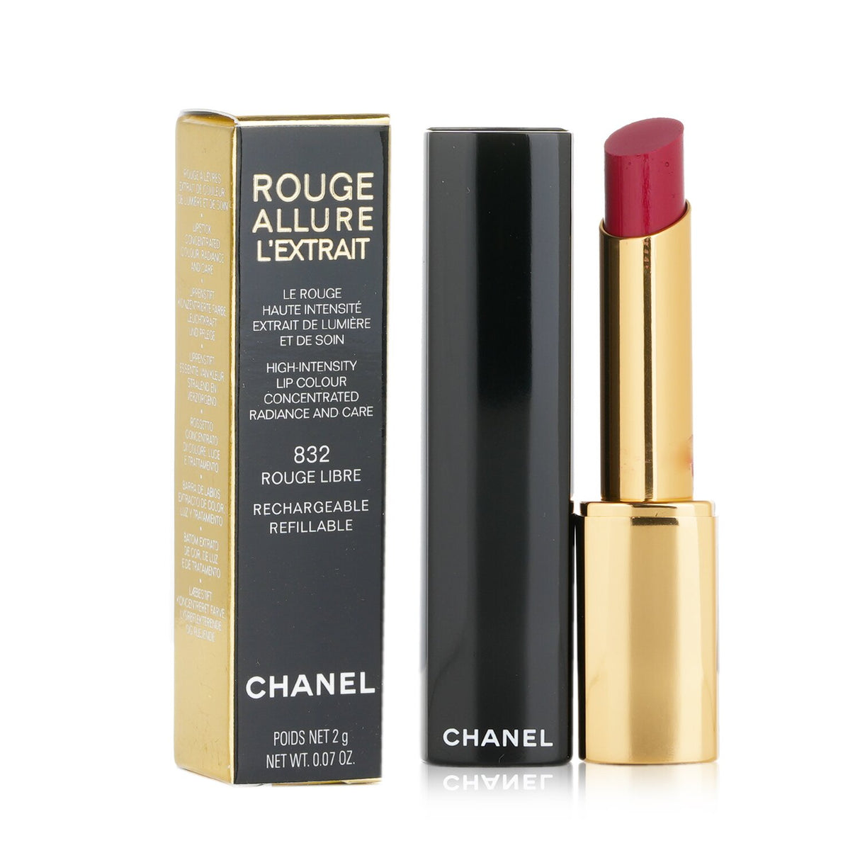 Chanel Rouge Allure L'extrait Lipstick #832 Rouge Libre in sleek case, offering intense color, hydration, and precise application.