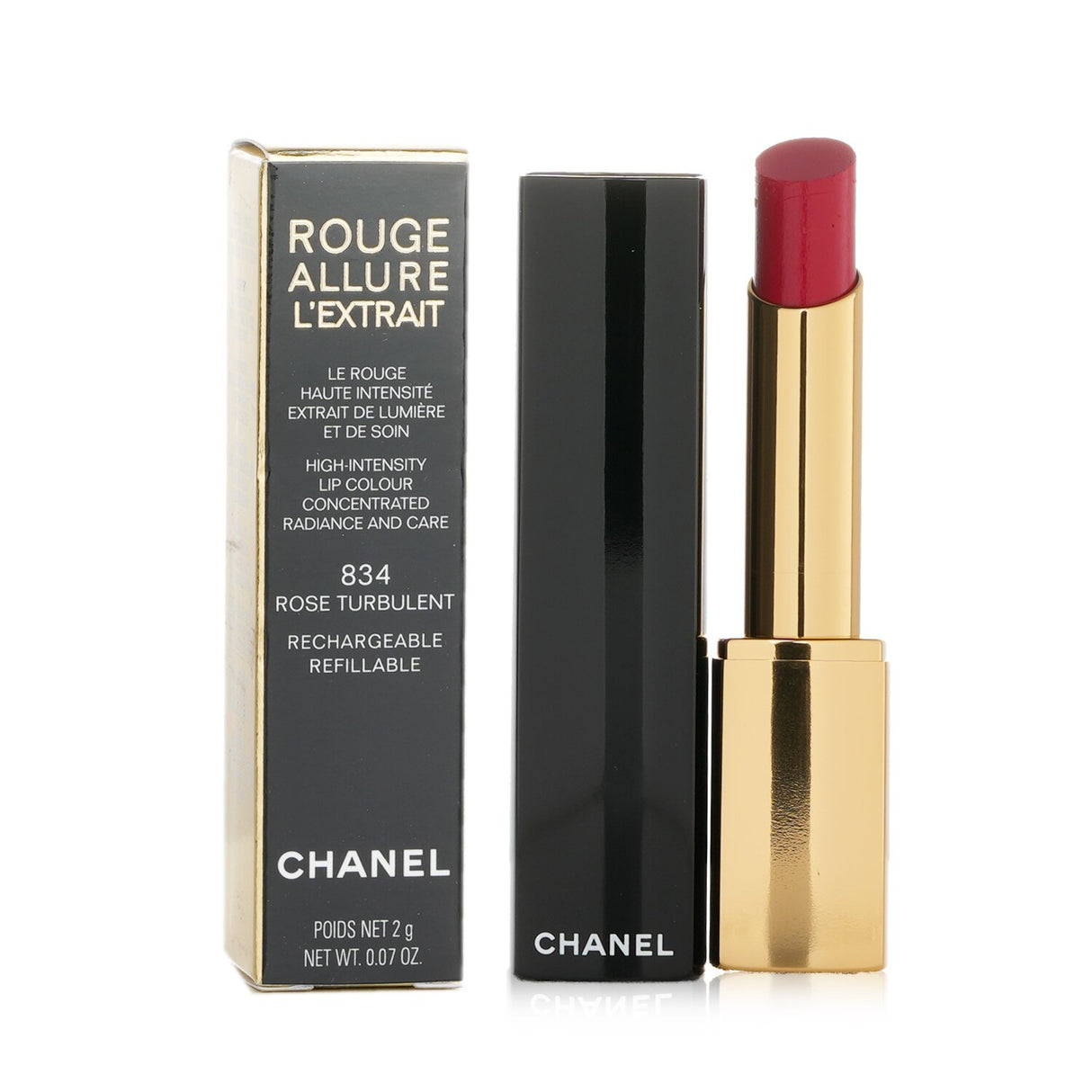 Chanel Rouge Allure L’extrait Lipstick #834 Rose Turbulent, a luxurious satin lipstick in a sleek case for vibrant, long-lasting color.