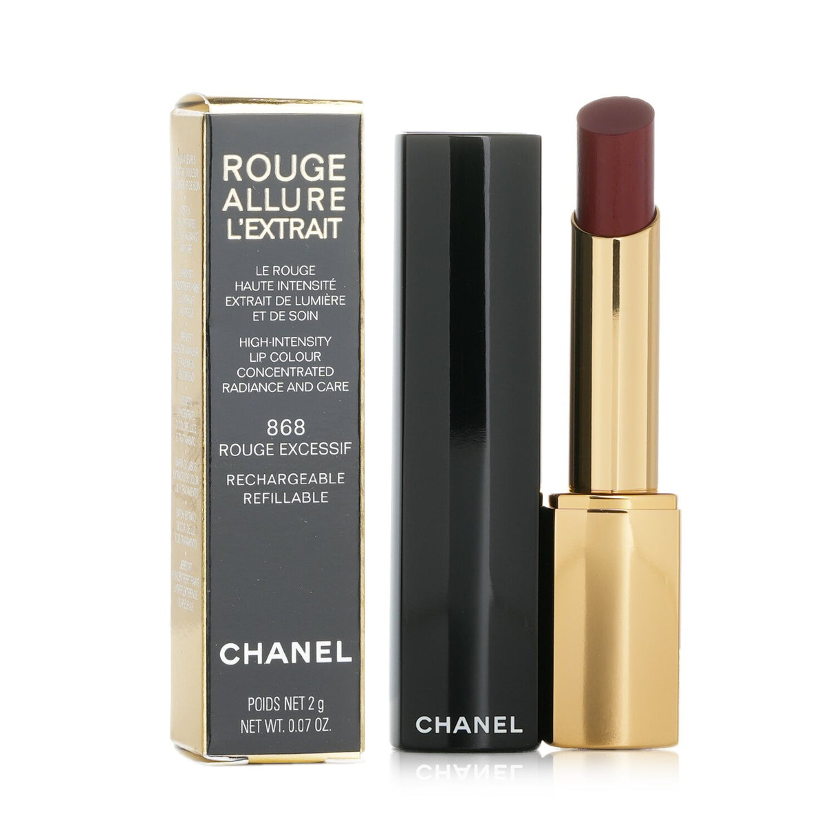 Chanel Rouge Allure L’extrait Lipstick #868, a satin formula with intense pigmentation and 12 hours of hydration, in iconic packaging.