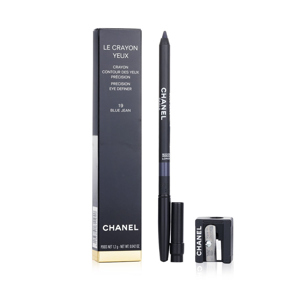 Chanel Le Crayon Yeux #19 Blue Jeans eye pencil, rich blue shade for precise lines and soft color, includes built-in sharpener.