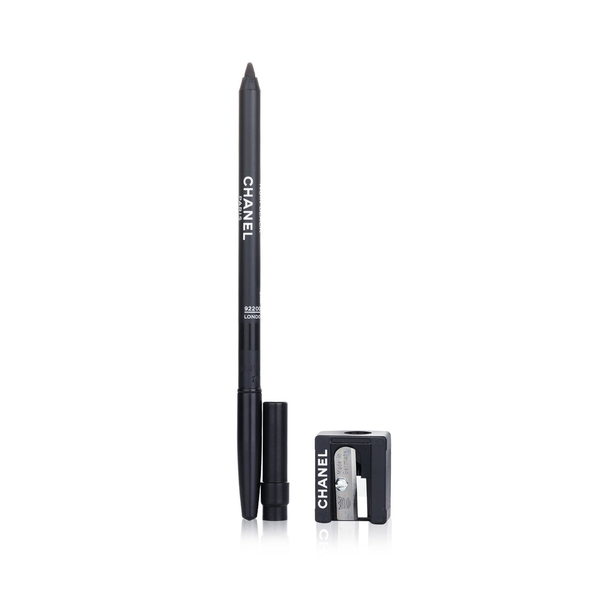 Chanel Le Crayon Yeux #01 Noir Black eyeliner pencil, delivers precise matte lines and comes with a sharpener for easy use.