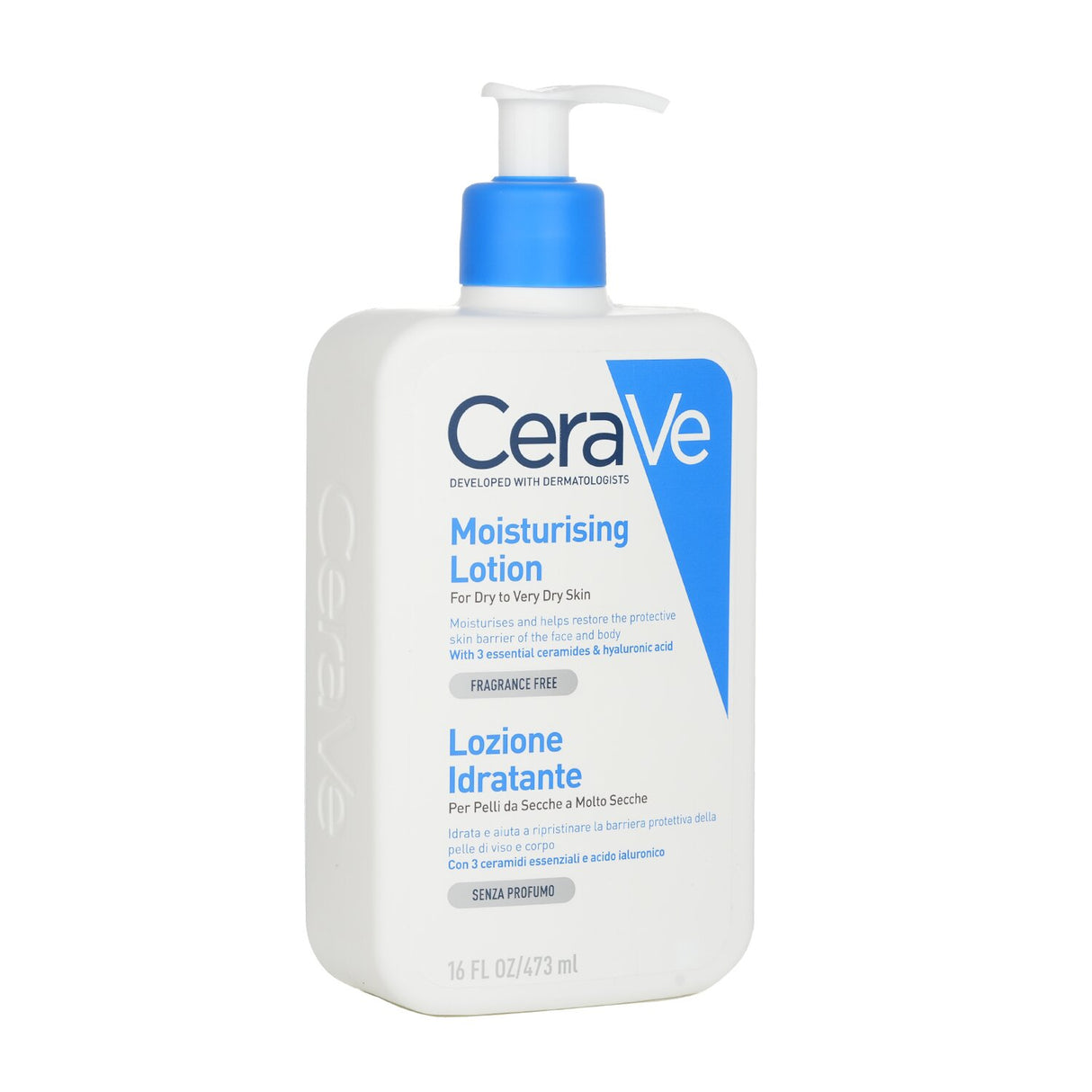CeraVe Moisturising Lotion in a 473ml bottle, designed for deep hydration of dry to very dry skin, with ceramides and hyaluronic acid.