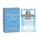 Versace Eau Fraiche Miniature, 5ml: a refreshing men's fragrance with notes of lemon, rosewood, musk, and amber for daytime wear.