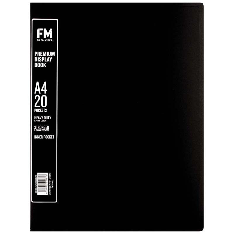 Black A4 display book with 20 clear pockets, perfect for organizing and presenting documents securely and professionally.