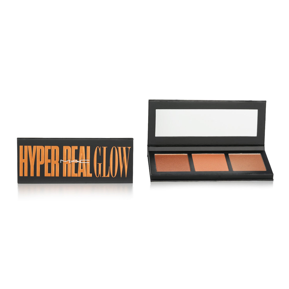 MAC Hyper Real Glow Palette features three highlighters: Shimmy Peach, Paradise, and Glow Baby Glow, for radiant skin.