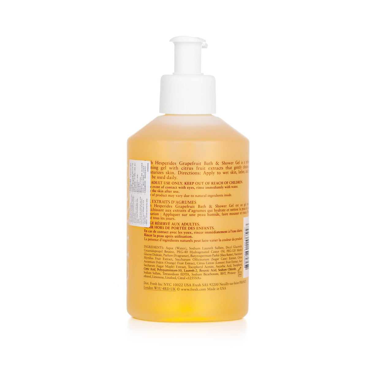 Fresh Hesperides Grapefruit Bath & Shower Gel in a pump bottle, 300ml, revitalizes and nourishes skin with a citrus scent.