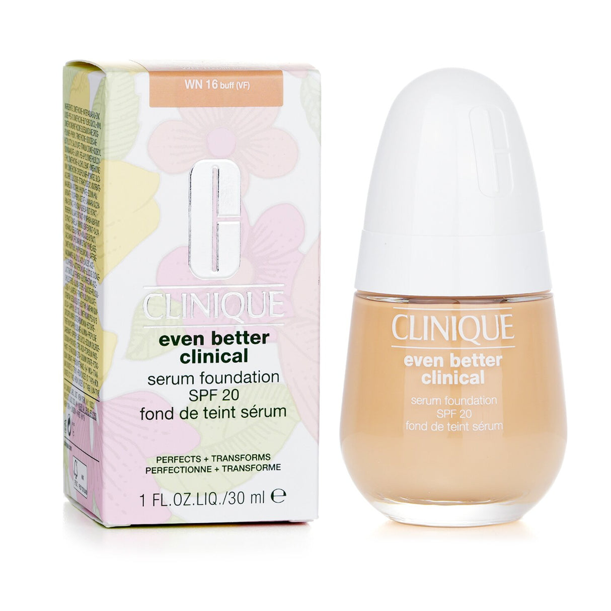 Clinique Even Better Clinical Serum Foundation SPF 20 in #WN 16 Buff, offering buildable coverage and hydration for a flawless finish.