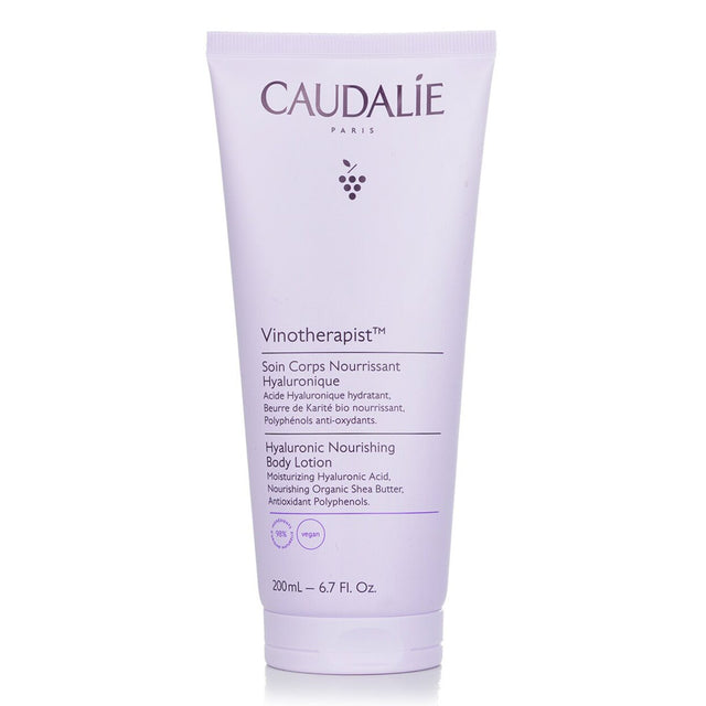 Luxurious Caudalie body lotion in a 200ml bottle, deeply hydrates with 98% natural ingredients for soft, radiant skin.