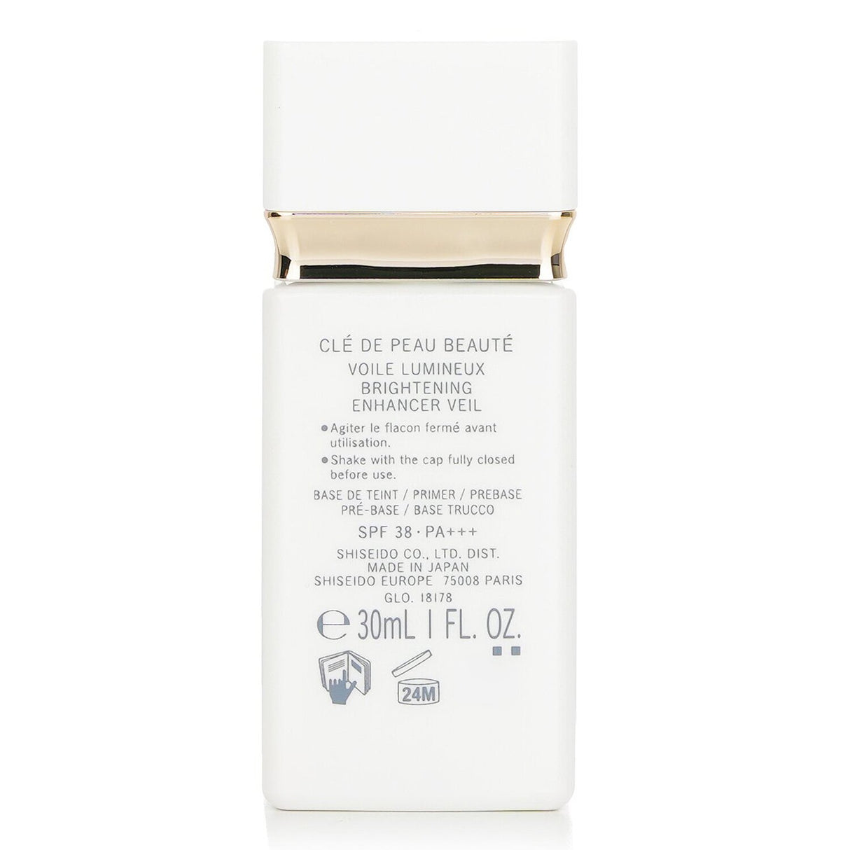Radiant skincare primer with SPF38, enhances luminosity and clarity for a dewy finish while protecting against UV rays.