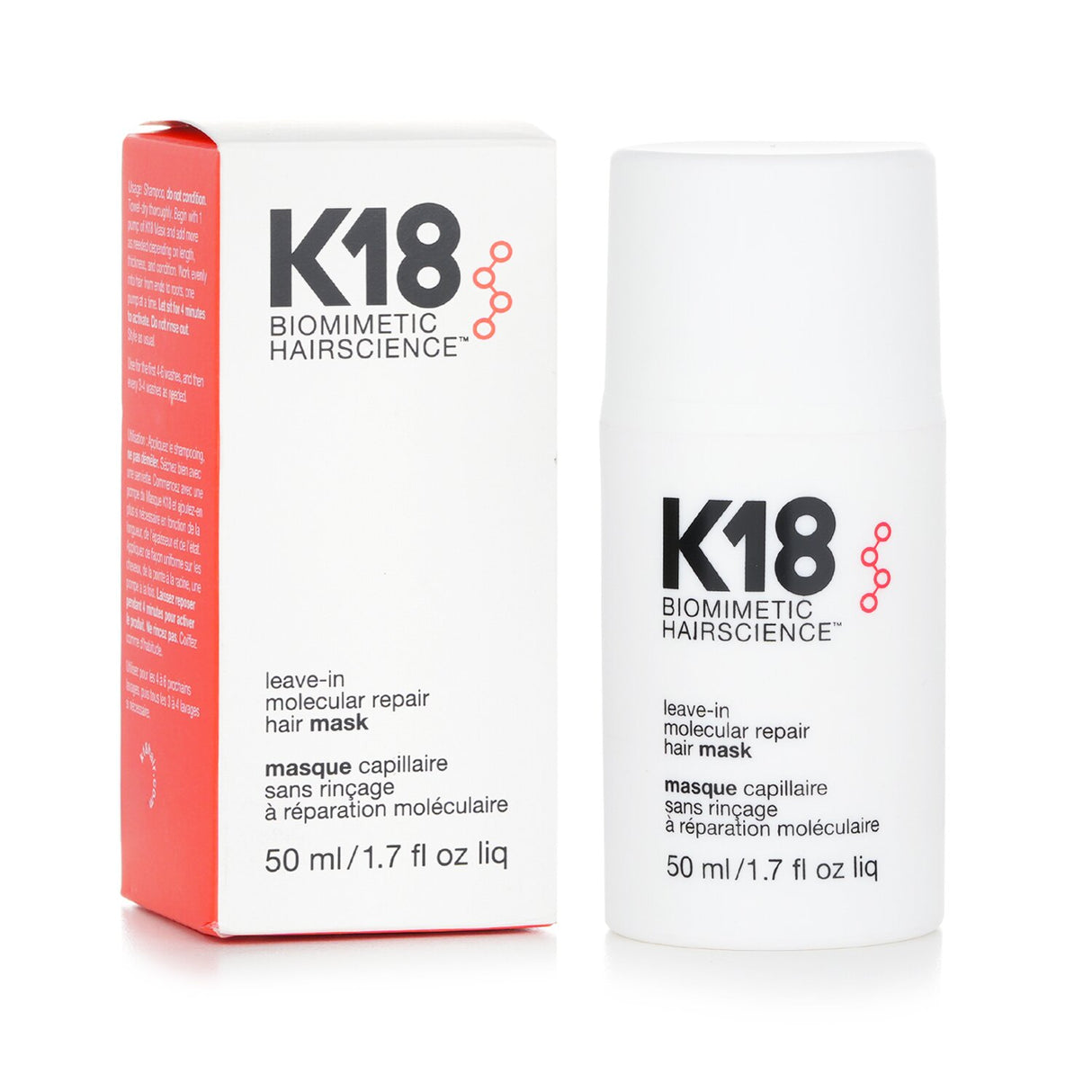 K18 Leave-In Molecular Repair Hair Mask: Revitalizing treatment for all hair types that reverses damage in just 4 minutes.