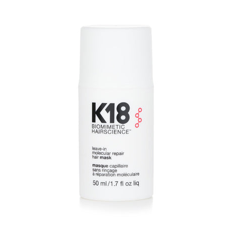 K18 Leave-In Molecular Repair Hair Mask in 50ml, revitalizes all hair types, reversing damage from bleach and heat.