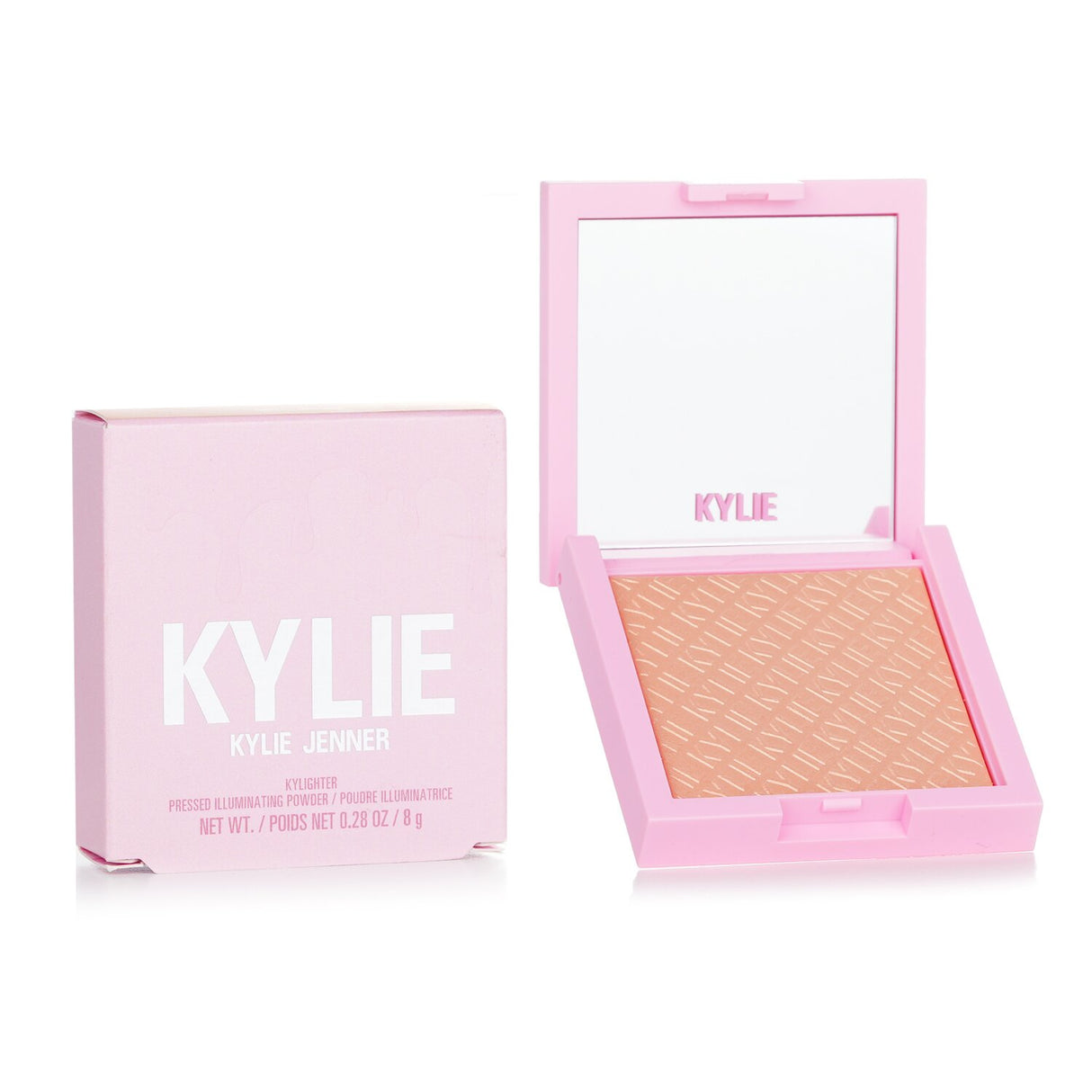 Pressed illuminating powder by Kylie Jenner, enriched with pearls for a silky, radiant glow in #050 Cheers Darling.