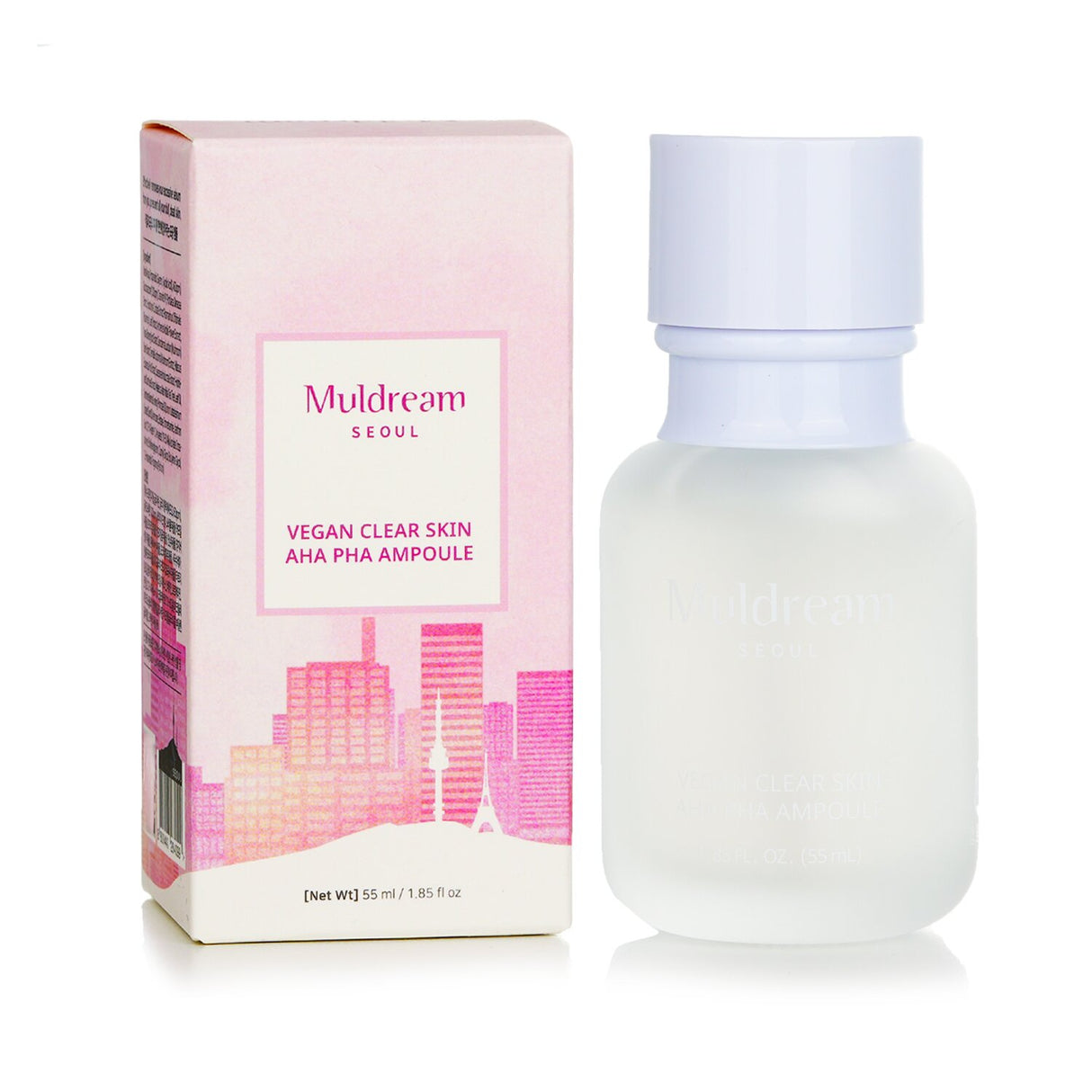 Muldream Vegan Clear Skin AHA PHA Ampoule in a 55ml size, targets pores, refreshes skin, and enhances smoothness.