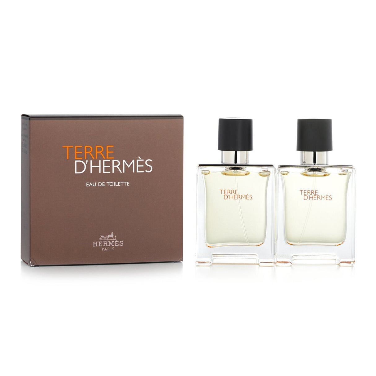 Hermes Terre D'Hermes Coffret featuring 2x 50ml Eau De Toilette sprays, showcasing a blend of citrus and mineral notes for men.