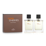 Hermes Terre D'Hermes Coffret featuring 2x 50ml Eau De Toilette sprays, showcasing a blend of citrus and mineral notes for men.