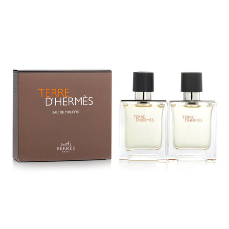 Hermes Terre D'Hermes Coffret featuring 2x 50ml Eau De Toilette sprays, showcasing a blend of citrus and mineral notes for men.