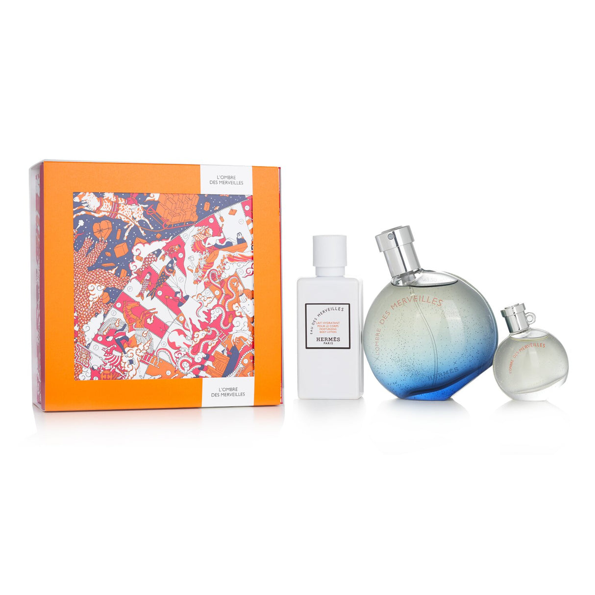 Hermes L'Ombre Des Merveilles Coffret featuring a 50ml Eau De Parfum, 7.5ml miniature spray, and 40ml moisturizing lotion.