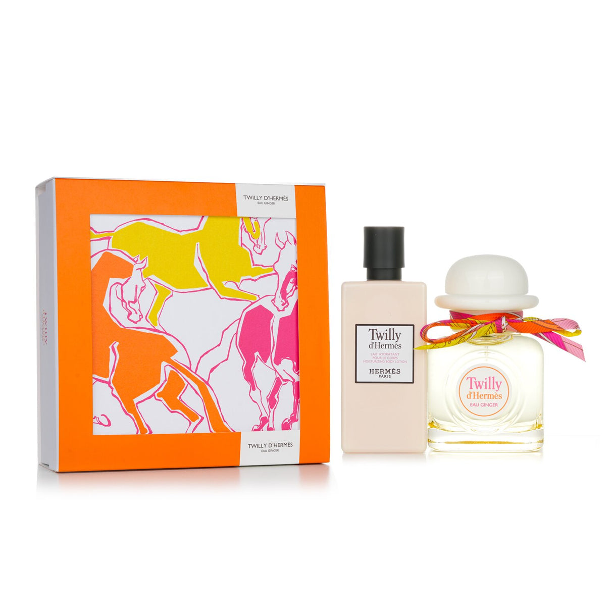 Hermes Twilly D'Hermes Eau Ginger Set featuring 85ml Eau De Parfum and 80ml Body Lotion, ideal for elegance and freshness.