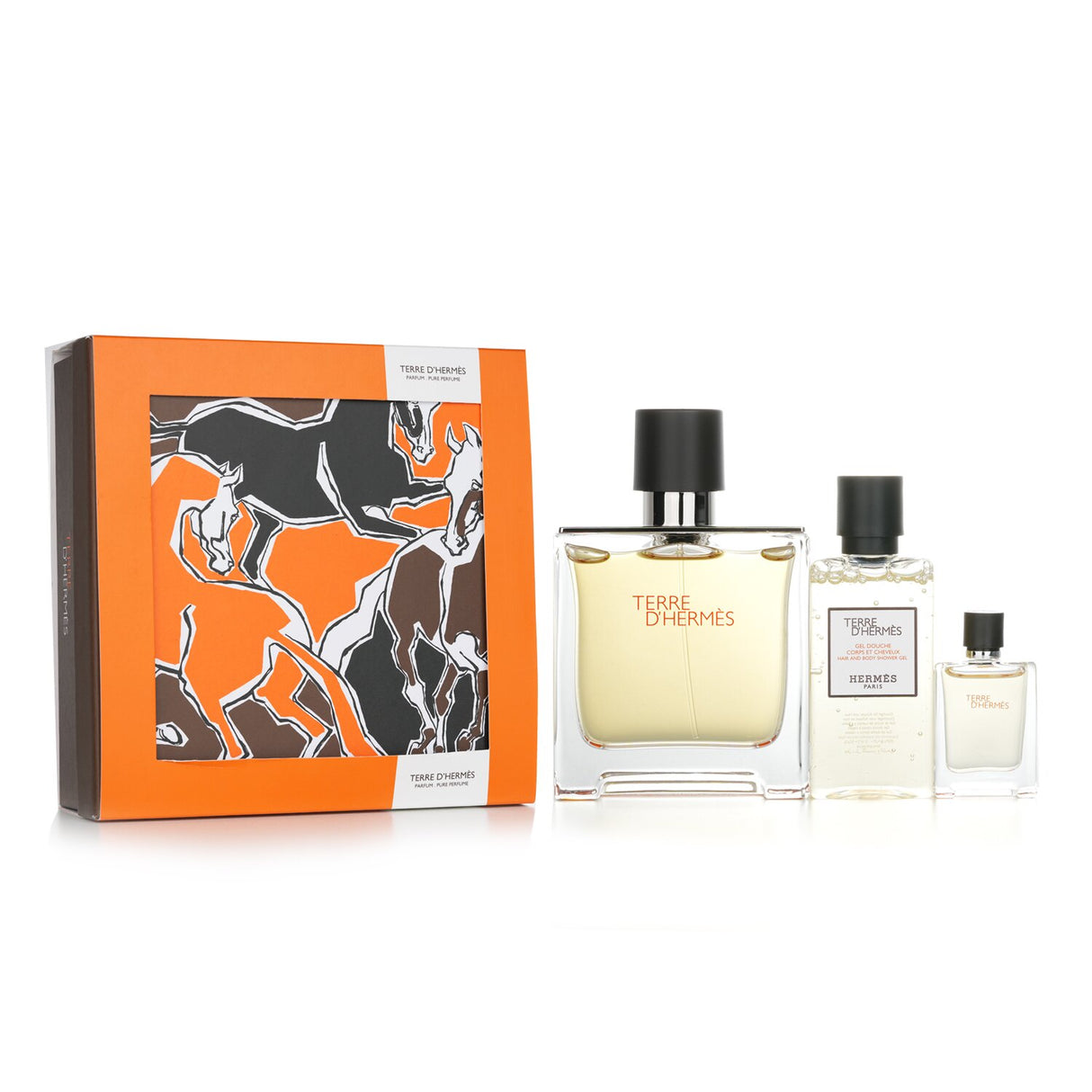 Three-piece Hermes Terre D'Hermes Pure Set featuring Eau De Parfum and invigorating shower gel in luxurious packaging.