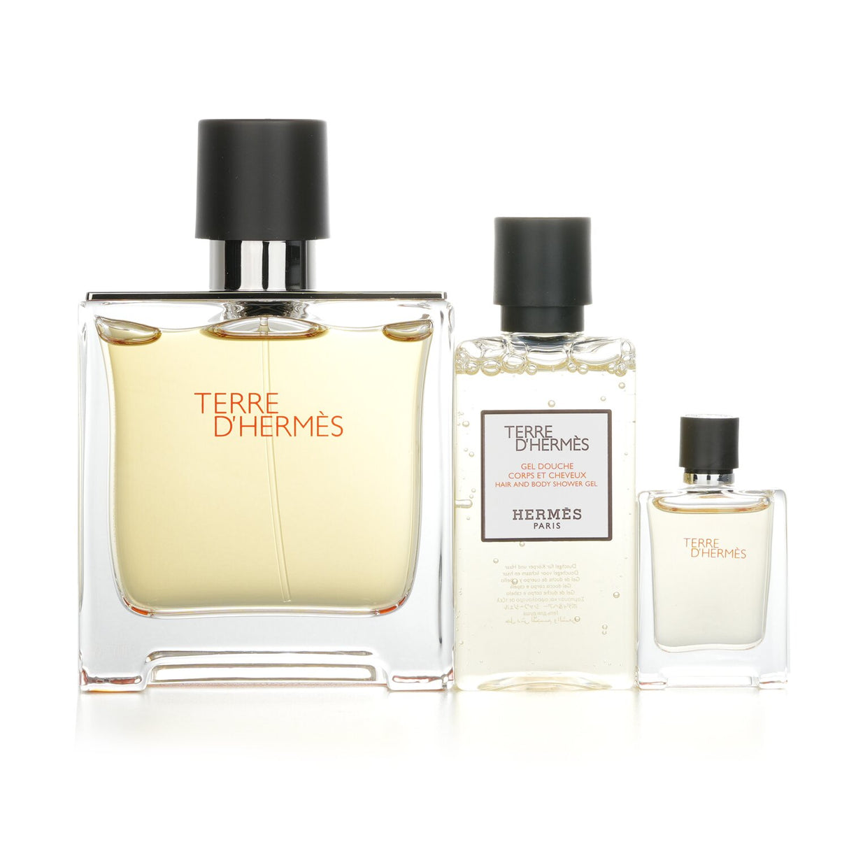 Hermes - Terre D'Hermes Pure Set featuring 75ml Eau De Parfum, 5ml Miniature, and 40ml Shower Gel for a luxurious grooming experience.