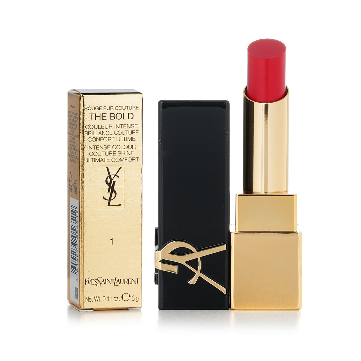 Bold YSL lipstick #1 Le Rouge, 3g, offers smooth application, 10-hour moisture, and a three-dimensional shiny finish.