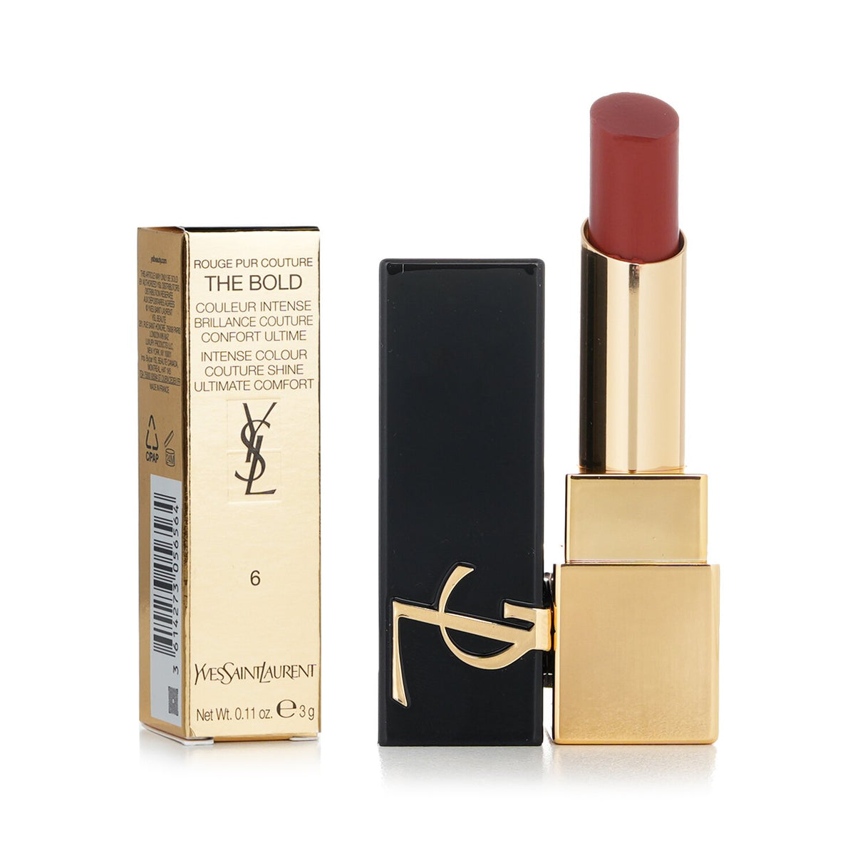 Yves Saint Laurent lipstick in #6 Reignited Amber, featuring bold color, luxurious shine, and 10 hours of moisturizing comfort.