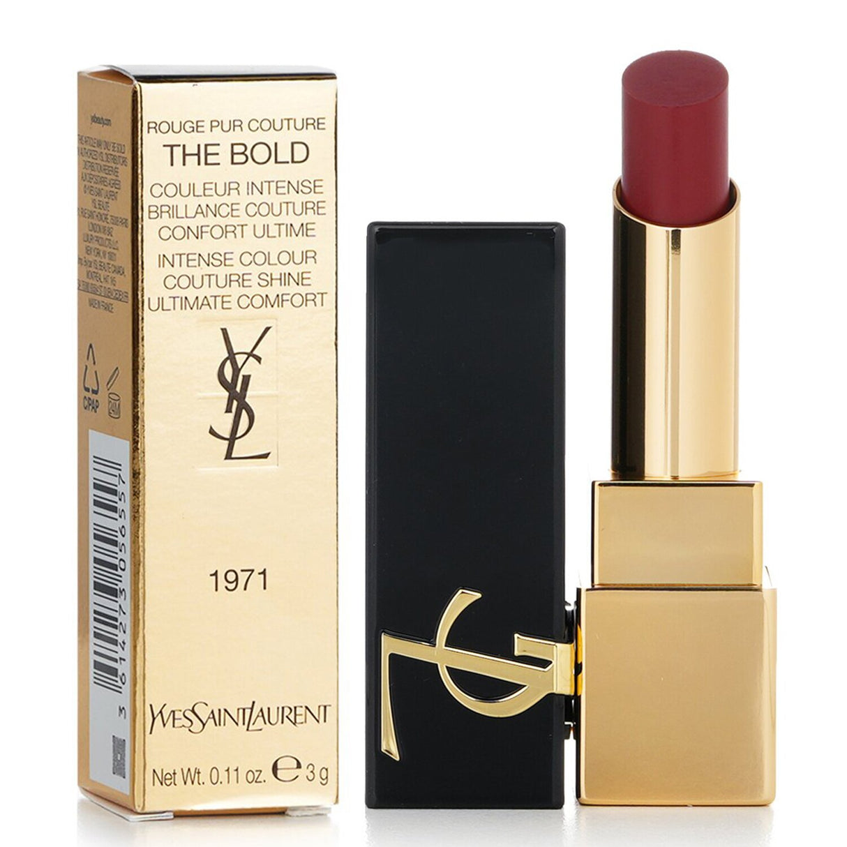 Luxurious Yves Saint Laurent lipstick in #1971 Rouge Provocation, offering bold color, hydrating ingredients, and a glossy finish.