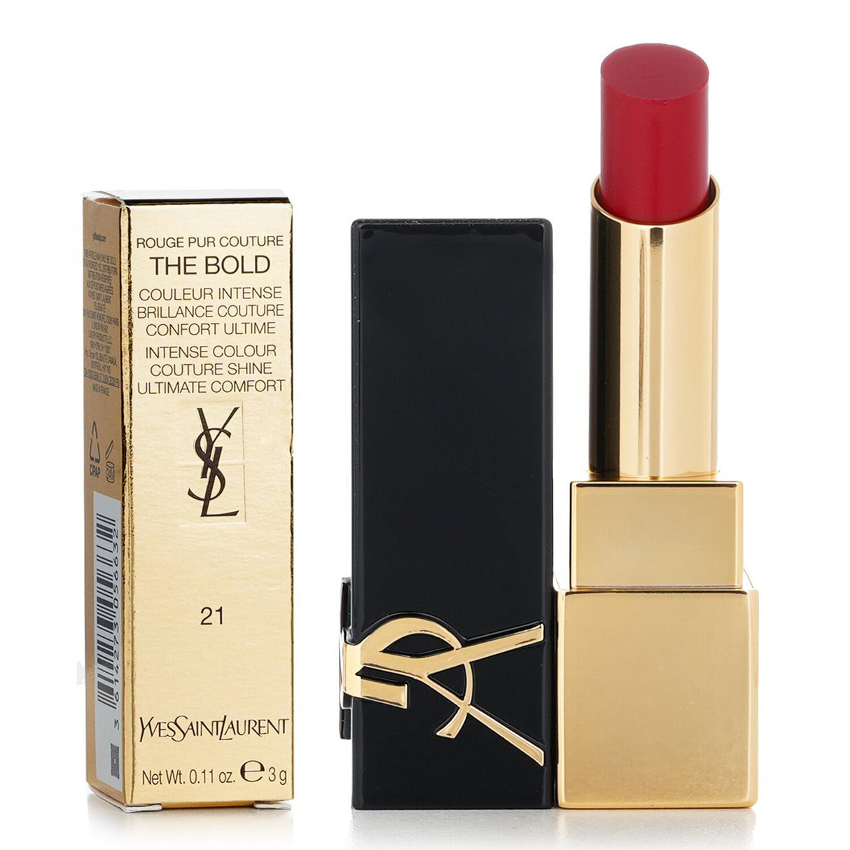 Yves Saint Laurent Rouge Pur Couture Lipstick #21 Rouge Paradoxe, a bold, high-shine red color with hydrating, stretchable texture.