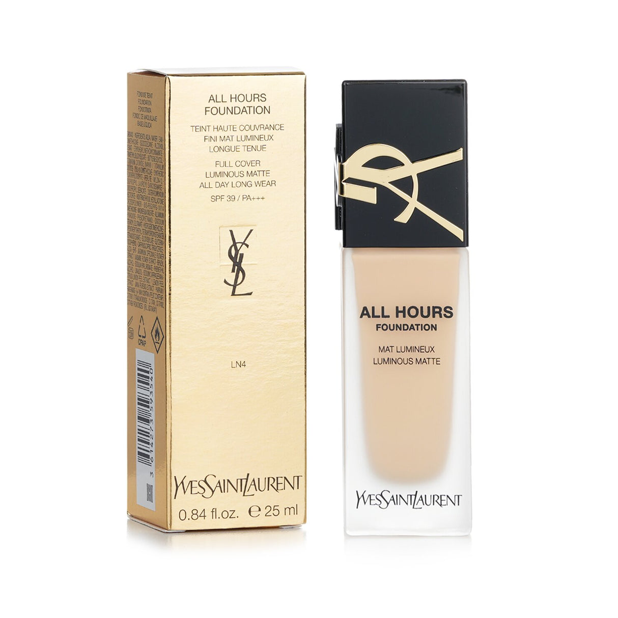 Yves Saint Laurent All Hours Foundation SPF 39 in #LN4, a weightless, hydrating foundation with a natural matte finish.