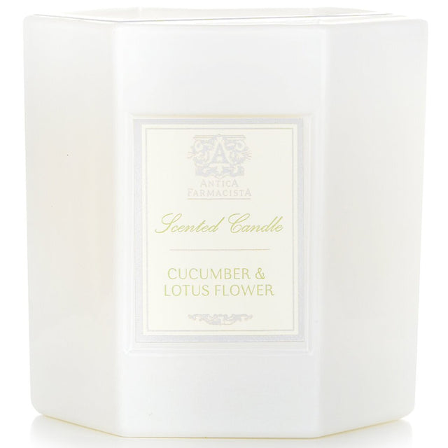 Luxurious hexagonal candle in fresh cucumber and lotus flower scent, elegantly packaged for a tranquil home ambiance.