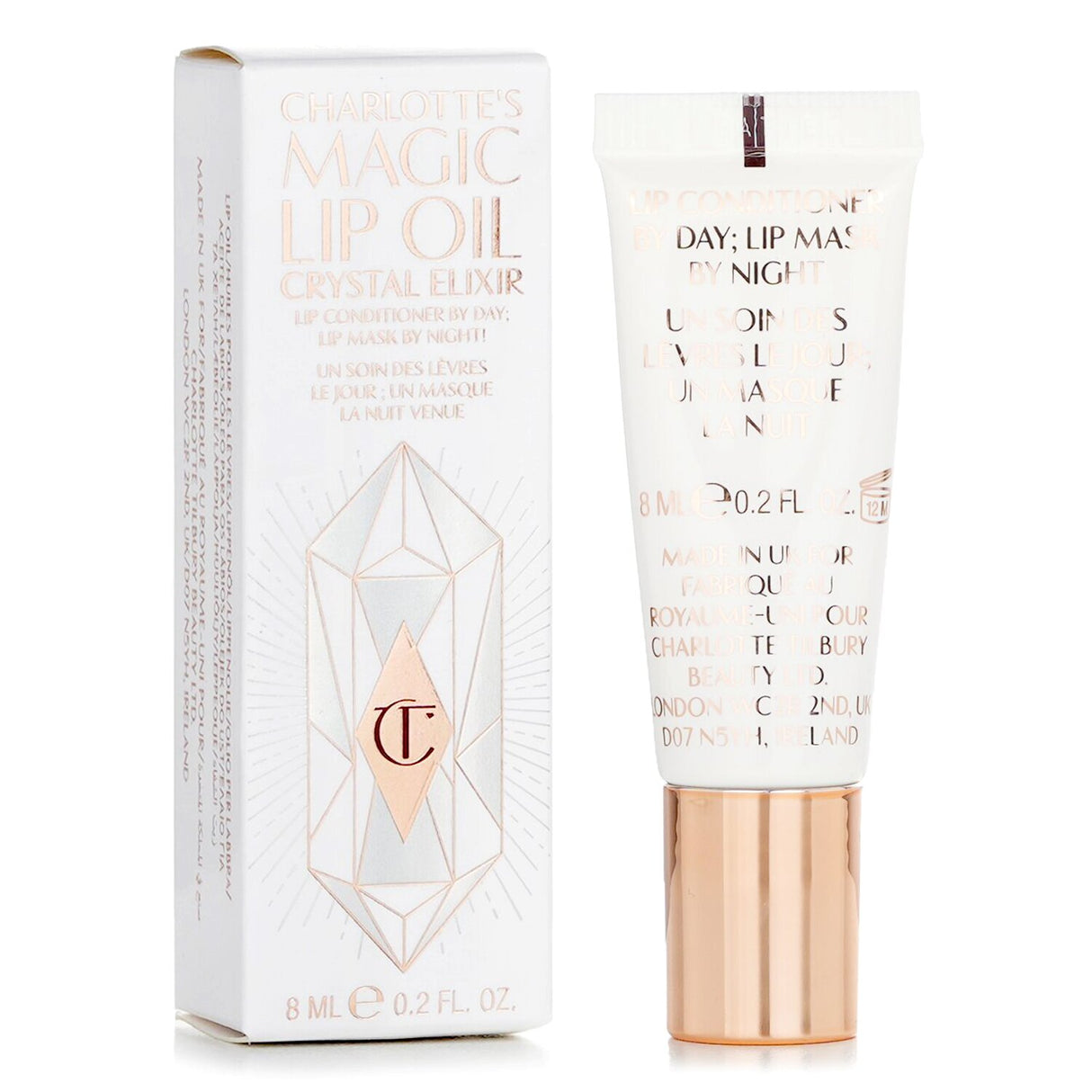 Charlotte Tilbury's Magic Lip Oil Crystal Elixir hydrates and nourishes lips, offering a glossy finish with a plump look.
