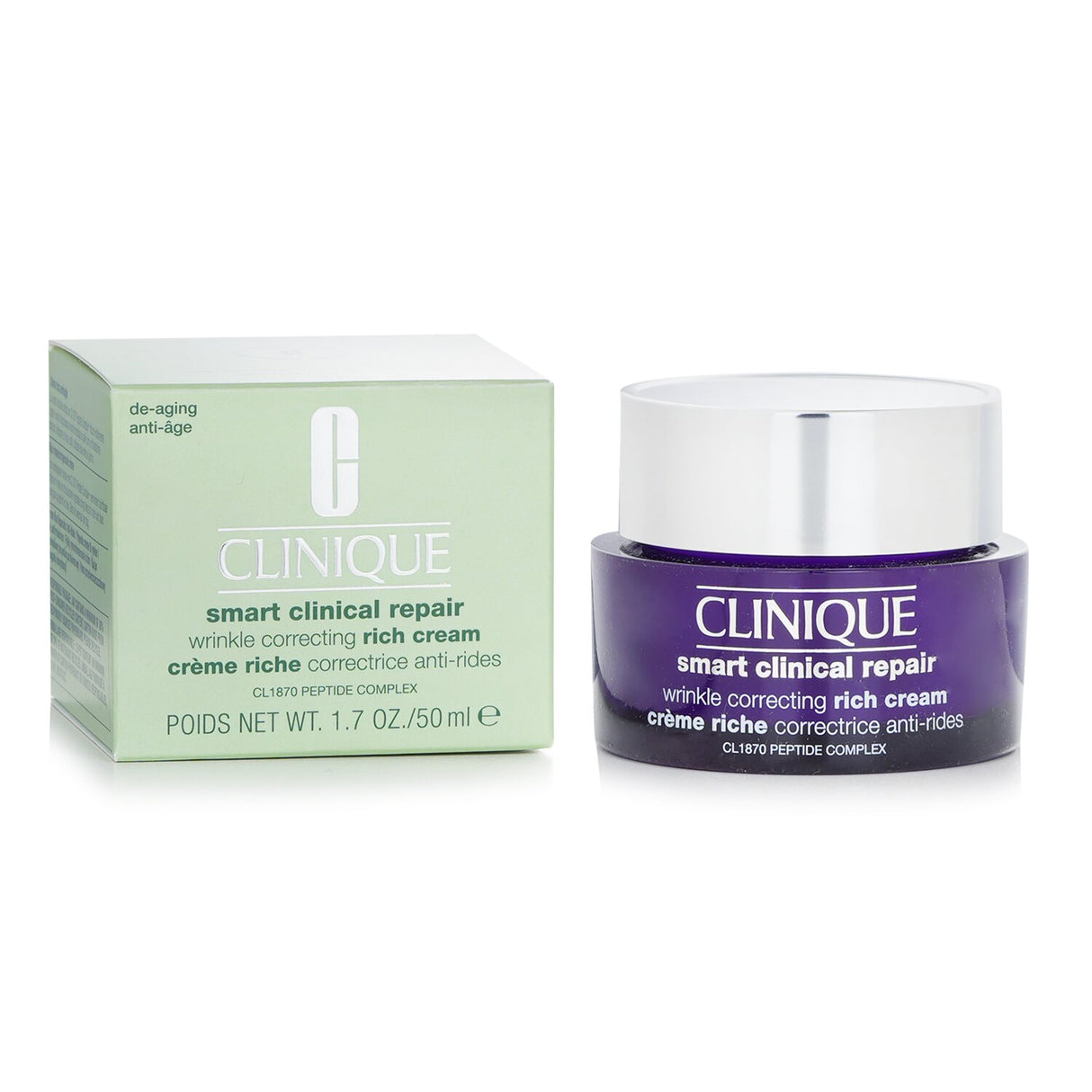 Anti-aging Clinique Smart Clinical Repair cream with peptide complex and hyaluronic acid, promoting hydrated, youthful skin.