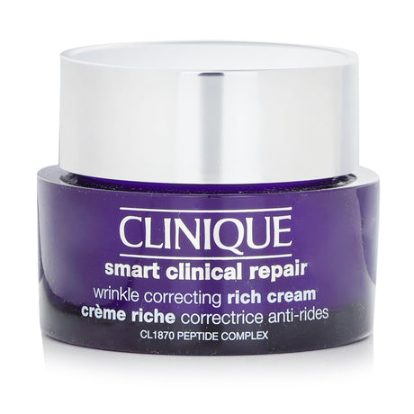 "Clinique Smart Clinical Repair Rich Cream 50ml, an anti-aging moisturizer with peptides and hyaluronic acid for youthful skin."