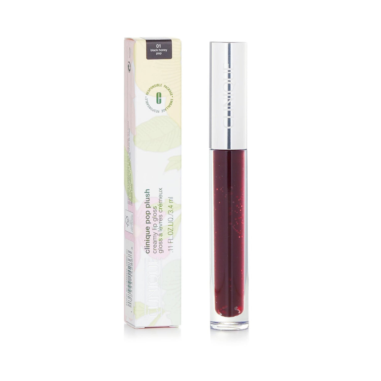 Clinique Pop Plush Creamy Lip Gloss in Black Honey Pop, hydrating, glossy finish with a precise applicator for plump lips.