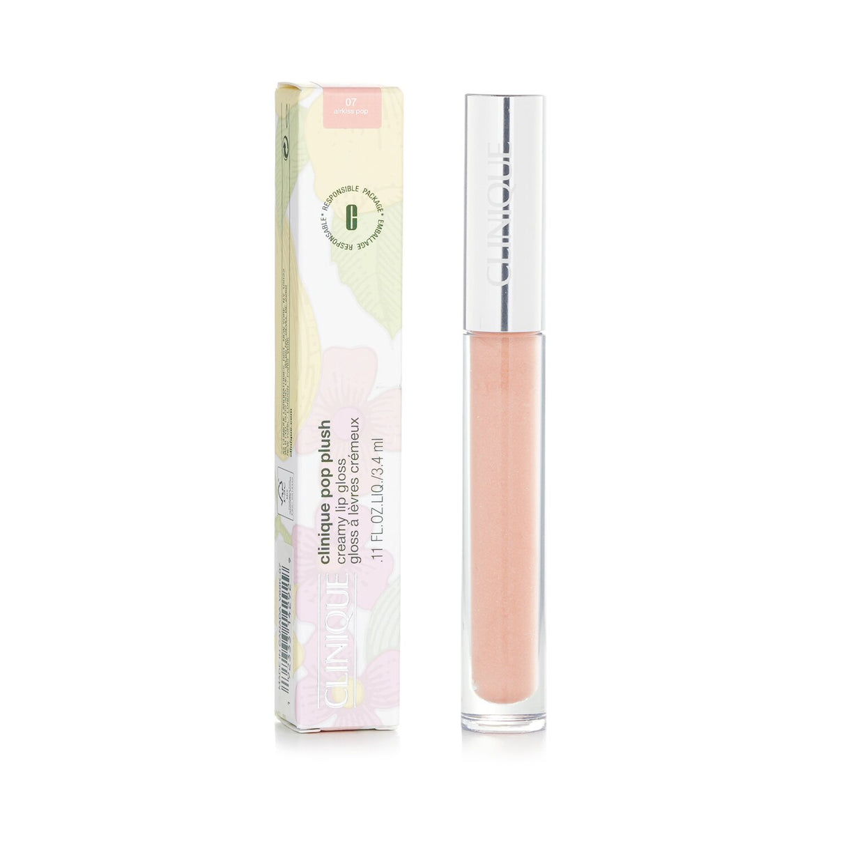 Clinique Pop Plush Creamy Lip Gloss in Airkiss Pop, featuring nourishing ingredients for a plump, shiny finish.