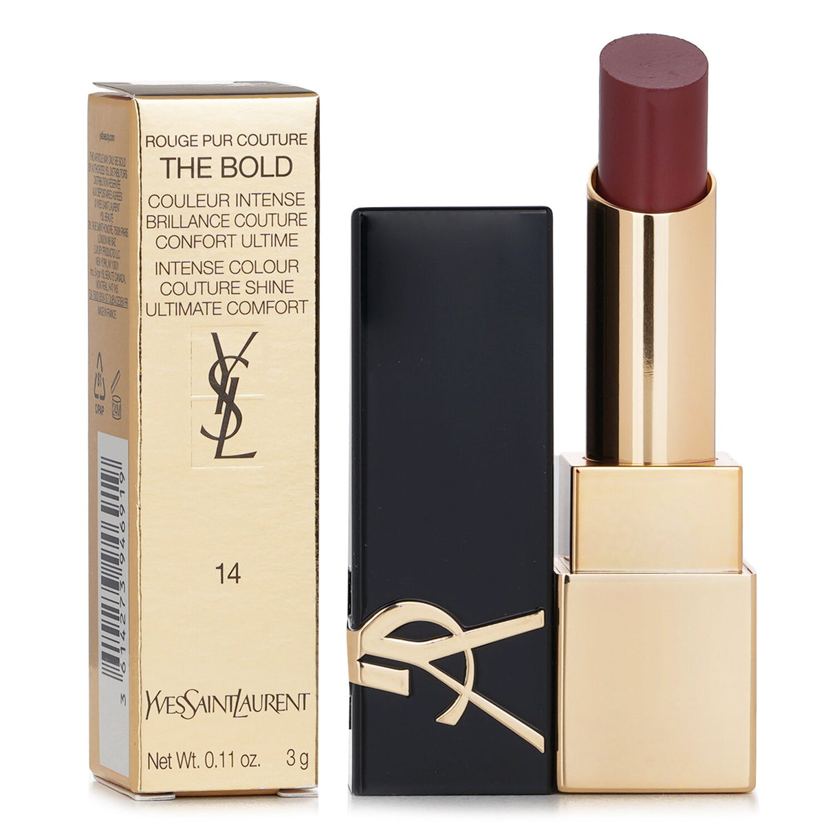 Yves Saint Laurent Rouge Pur Couture #14 Nude Tribute lipstick in 3g, offering bold color, hydration, and a luxurious shine.