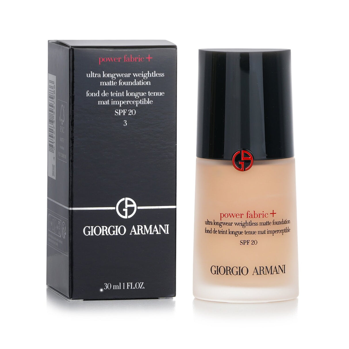 Giorgio Armani Power Fabric+ Foundation bottle showcasing its weightless matte formula with SPF 20 for flawless, long-lasting coverage.