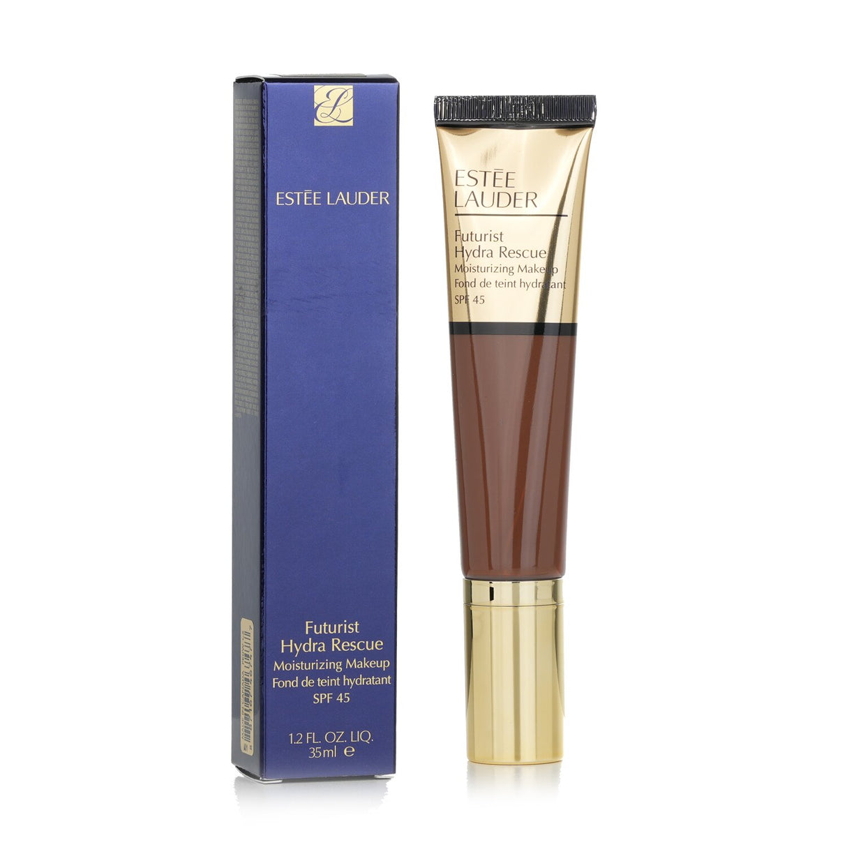 Estee Lauder Futurist Hydra Rescue Moisturizing Makeup SPF 45 in Rich Amber, offers hydration, coverage, and sun protection in a lightweight formula.