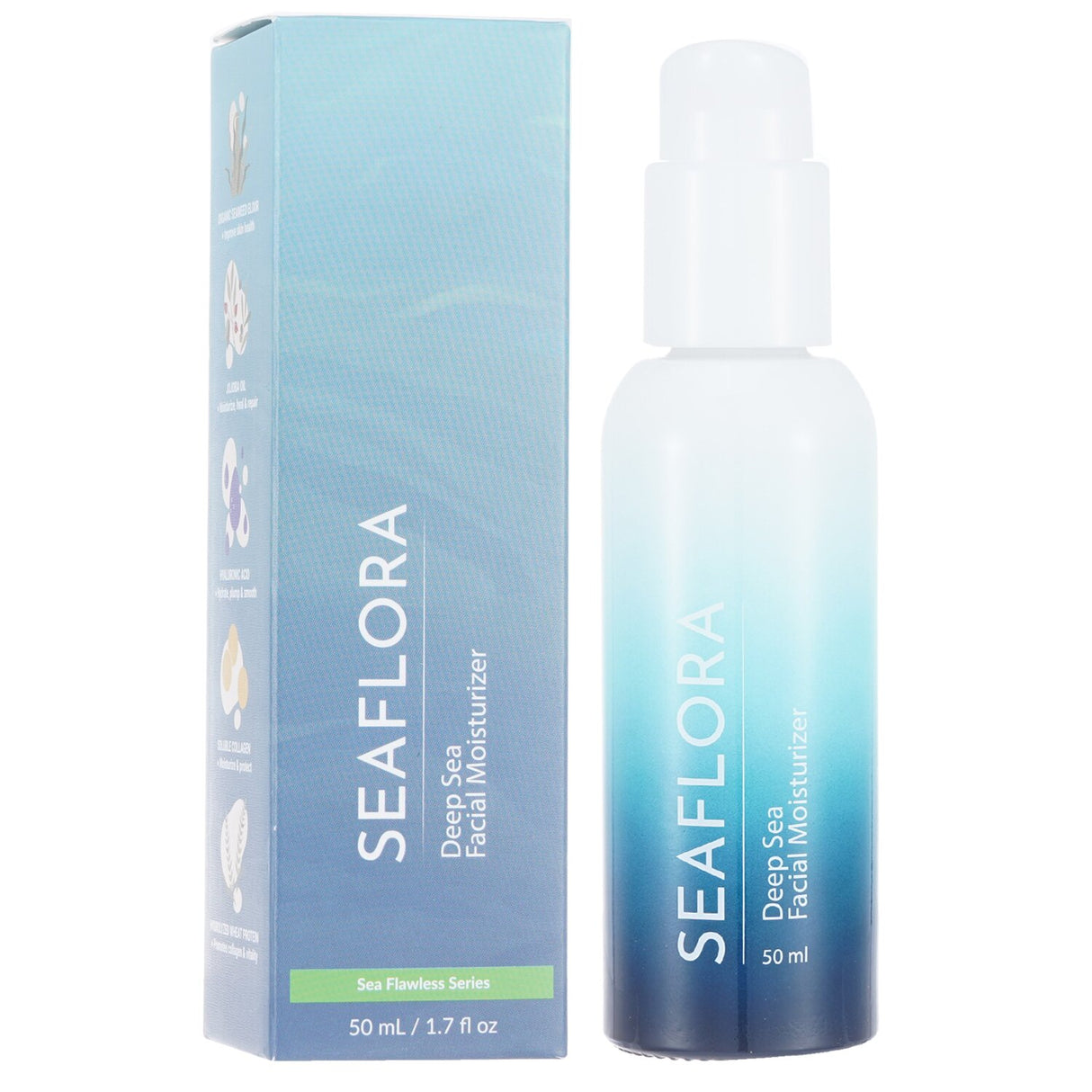 Seaflora Deep Sea Facial Moisturizer in a 50ml jar, designed for normal to dry sensitive skin, enhances hydration and elasticity.