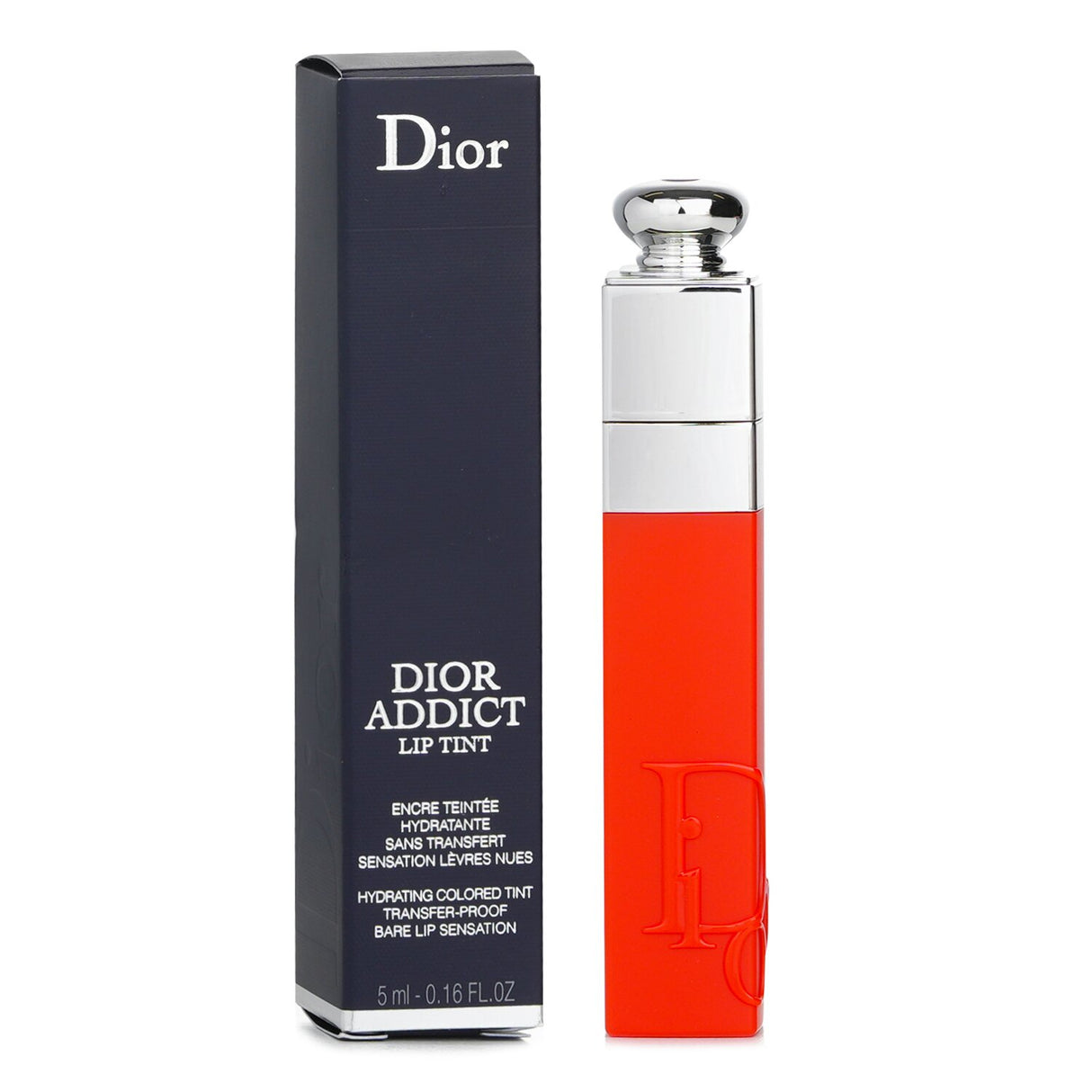 Christian Dior Dior Addict Lip Tint in Natural Red Tangerine, a hydrating semi-matte tint with a no-transfer formula.