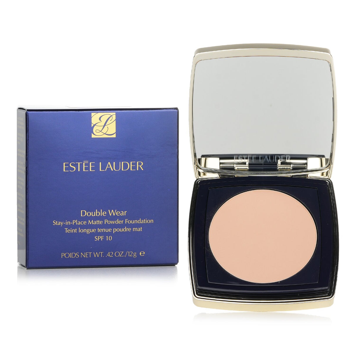 Estee Lauder Double Wear Matte Powder Foundation SPF 10 in #4C1 offers long-lasting, customizable coverage in a dual-sided design.