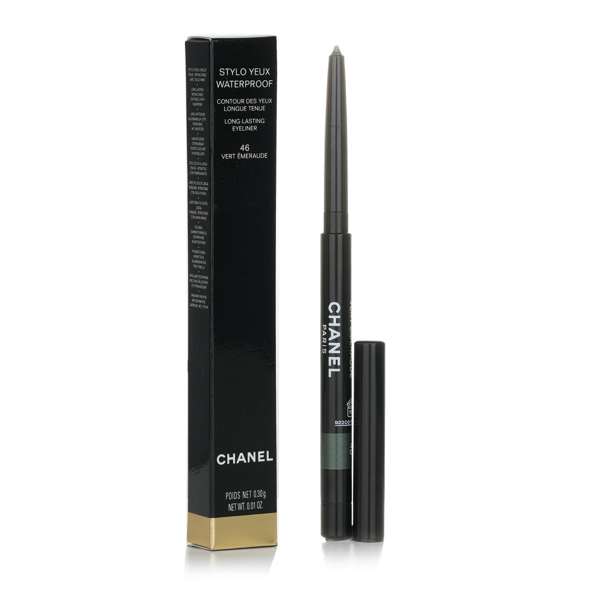 Chanel Stylo Yeux Waterproof eyeliner in #46 Vert Emeraude, a vibrant emerald green, long-lasting and smudge-proof.