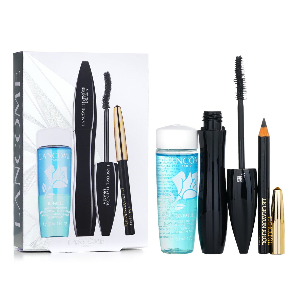 "Lancome Hypnose Drama Set featuring mascara, eyeliner, and cleansing water for bold, beautiful eyes."