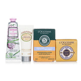 L'Occitane Les Essentiels Set in elegant bag, featuring skincare and haircare essentials for daily luxury and hydration.