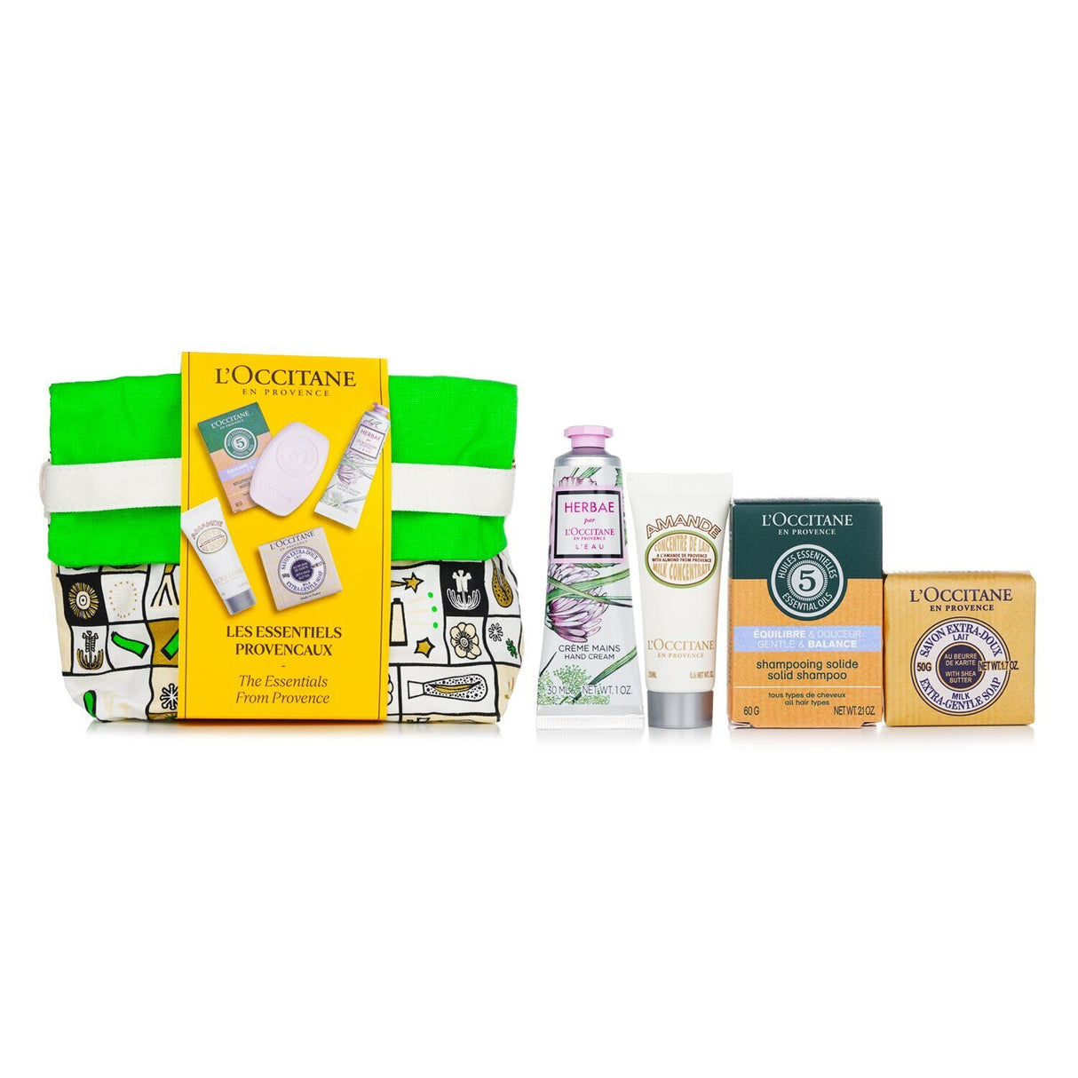 Luxurious L'Occitane Les Essentiels Set with 4 skincare products and elegant bag for everyday beauty and gifting.